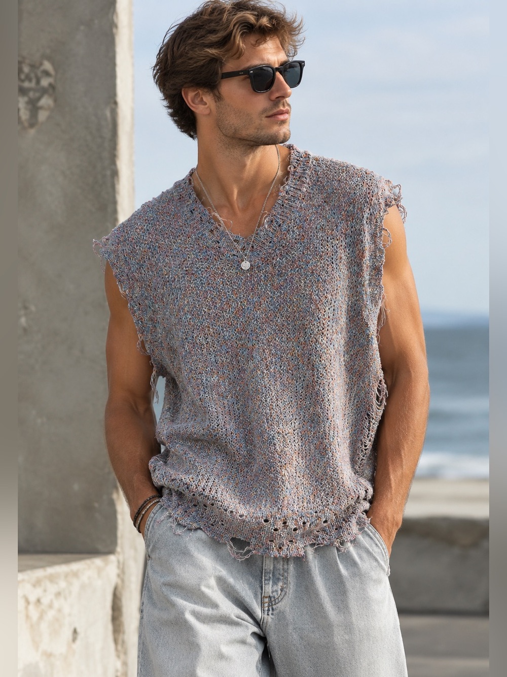 Zara Light Heathered Distressed Knit Sleeveless Sweater Vest Multi Color Mens M